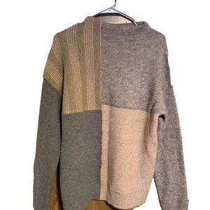 Mystree Patchwork Crewneck Sweater in Olive, Taupe & Gray